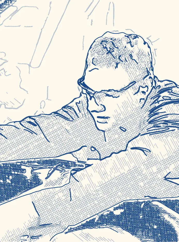 Pen drawing of a technician in safety glasses reaching into a machine.