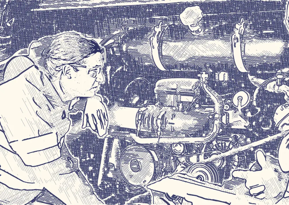 Pen drawing of a technician resting her chin on one hand, studying an open engine.